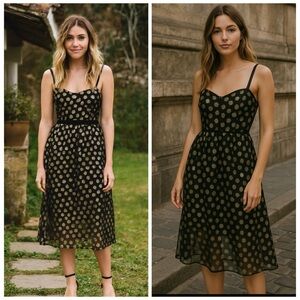 For Love & Lemons Lottie Black Gold Polka Dot Midi Dress XS